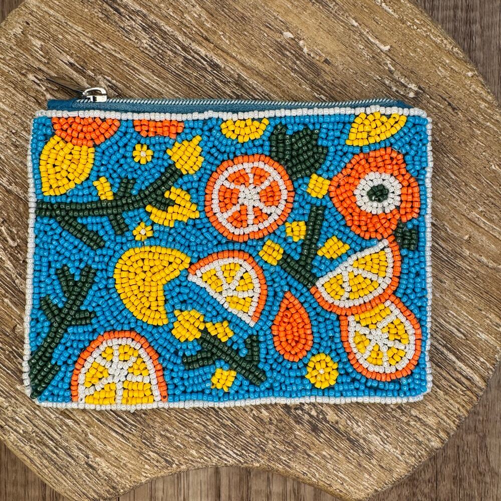 Lemon Orange Fruit Beaded Coin Purse Wallet Travel Pouch Womens Accessories NEW!